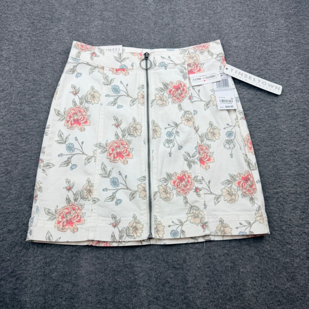 Tinseltown Floral Denim Skirt Womens 0 White Front Zip A-Line Mini Skirt NWT